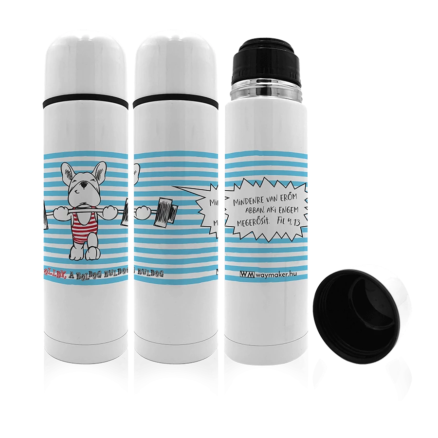 „Mindenre van erőm…” – termosz – Bolldy, a boldog bulldog